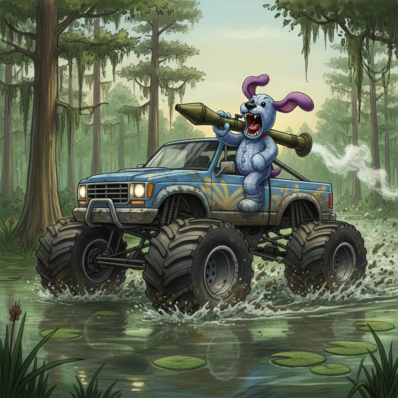 Sam Dog with rocket launcher on monster truck